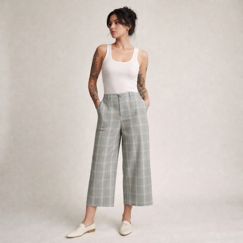 Maje Plaid Wide Leg Cropped Pants Sz 40 | High Rise Trouser